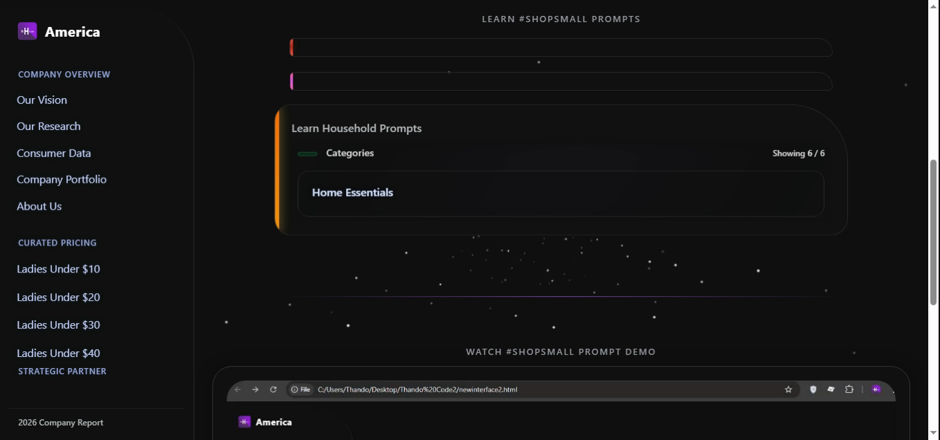 Household prompt index showing Home Essentials group with the header counter reading Showing 6 / 6.