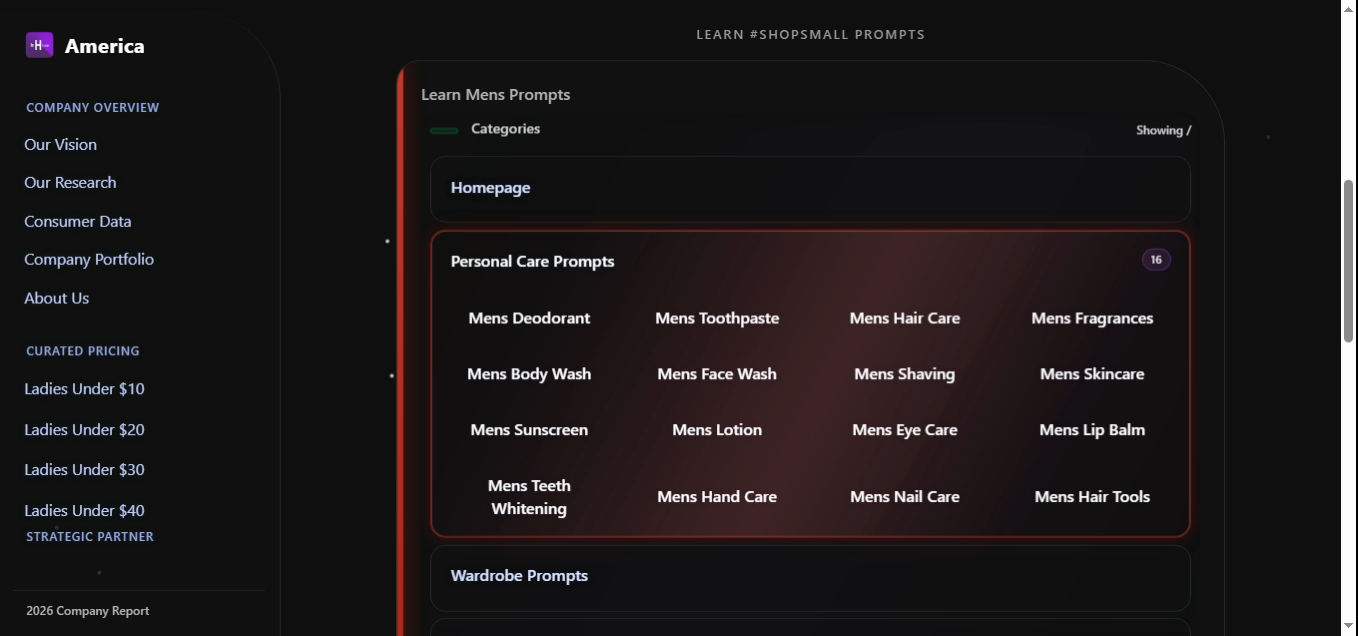 Mens Personal Care Prompts group expanded with 16 items: Mens Deodorant, Toothpaste, Hair Care, Fragrances, Body Wash, Face Wash, Shaving, Skincare, Sunscreen, Lotion, Eye Care, Lip Balm, Teeth Whitening, Hand Care, Nail Care, Hair Tools.