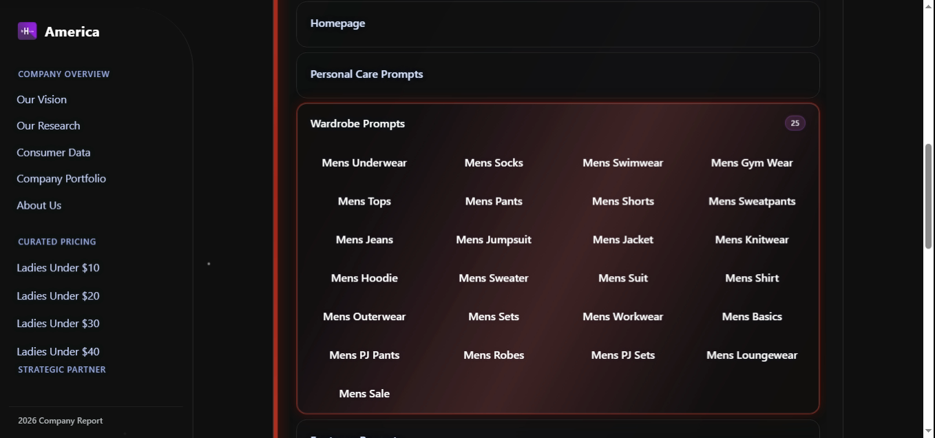 Mens Wardrobe Prompts group expanded with 25 items: Mens Underwear, Socks, Swimwear, Gym Wear, Tops, Pants, Shorts, Sweatpants, Jeans, Jumpsuit, Jacket, Knitwear, Hoodie, Sweater, Suit, Shirt, Outerwear, Sets, Workwear, Basics, PJ Pants, Robes, PJ Sets, Loungewear, Sale.